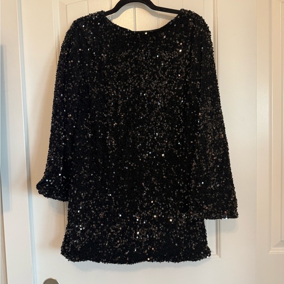 Tops - Black Sequin Long Sleeve Tunic Dress Ribbon Back - Women's L